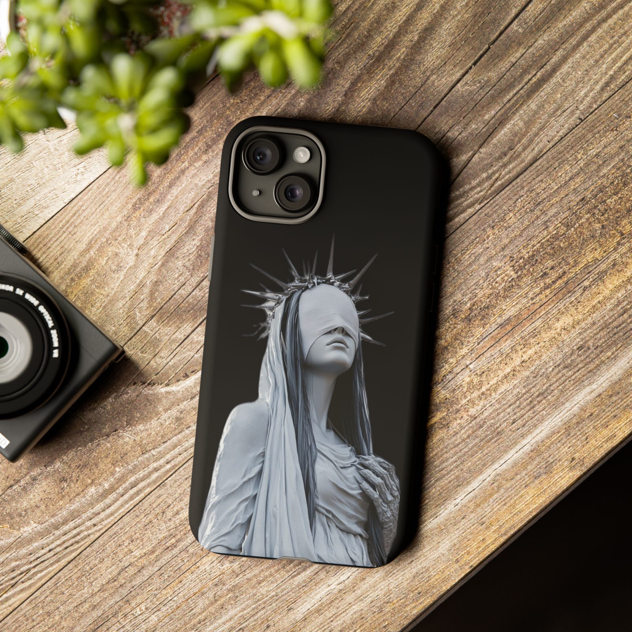Gothic Statue Phone Case – Blindfolded Lady with Crown Protective Tough Case