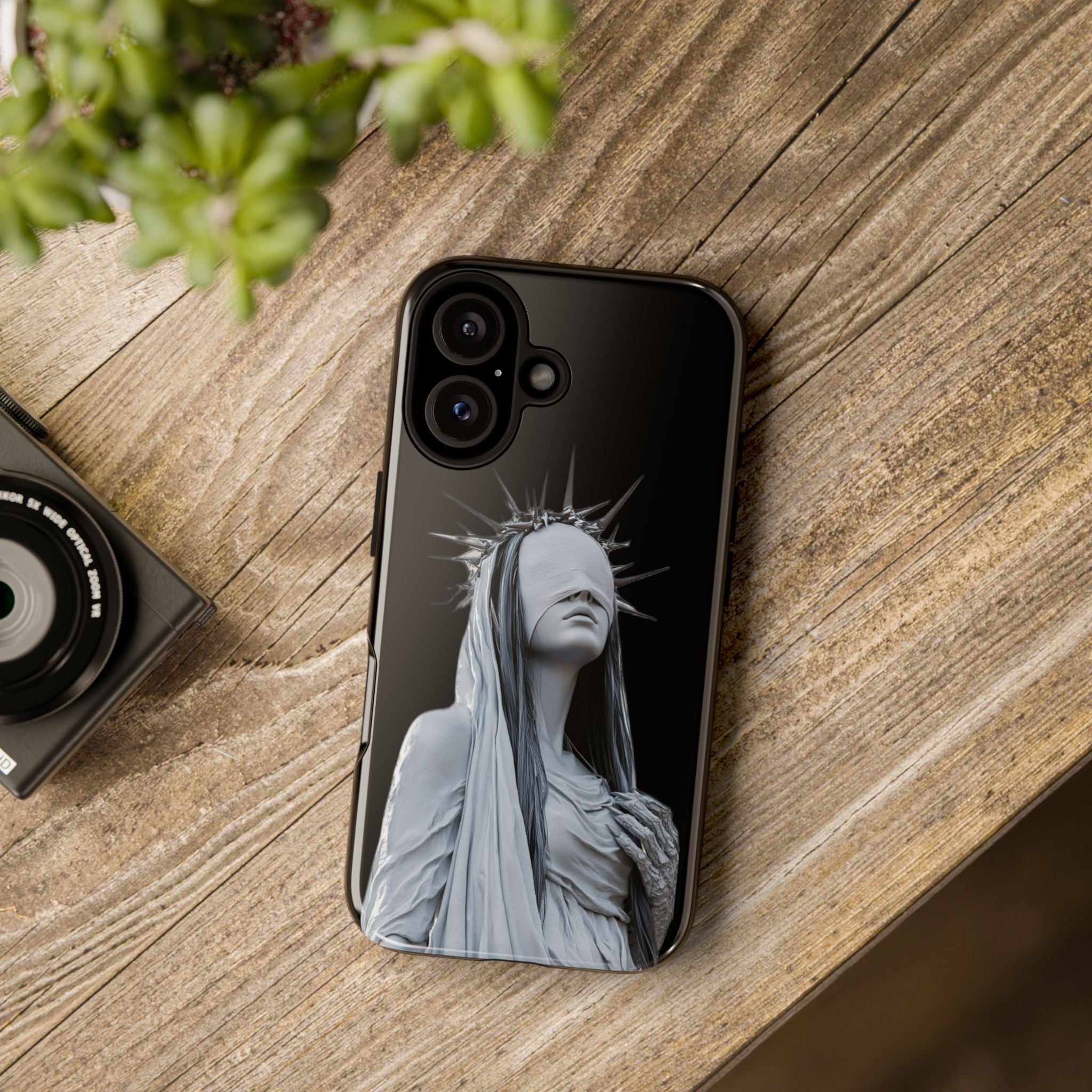 Gothic Statue Phone Case – Blindfolded Lady with Crown Protective Tough Case