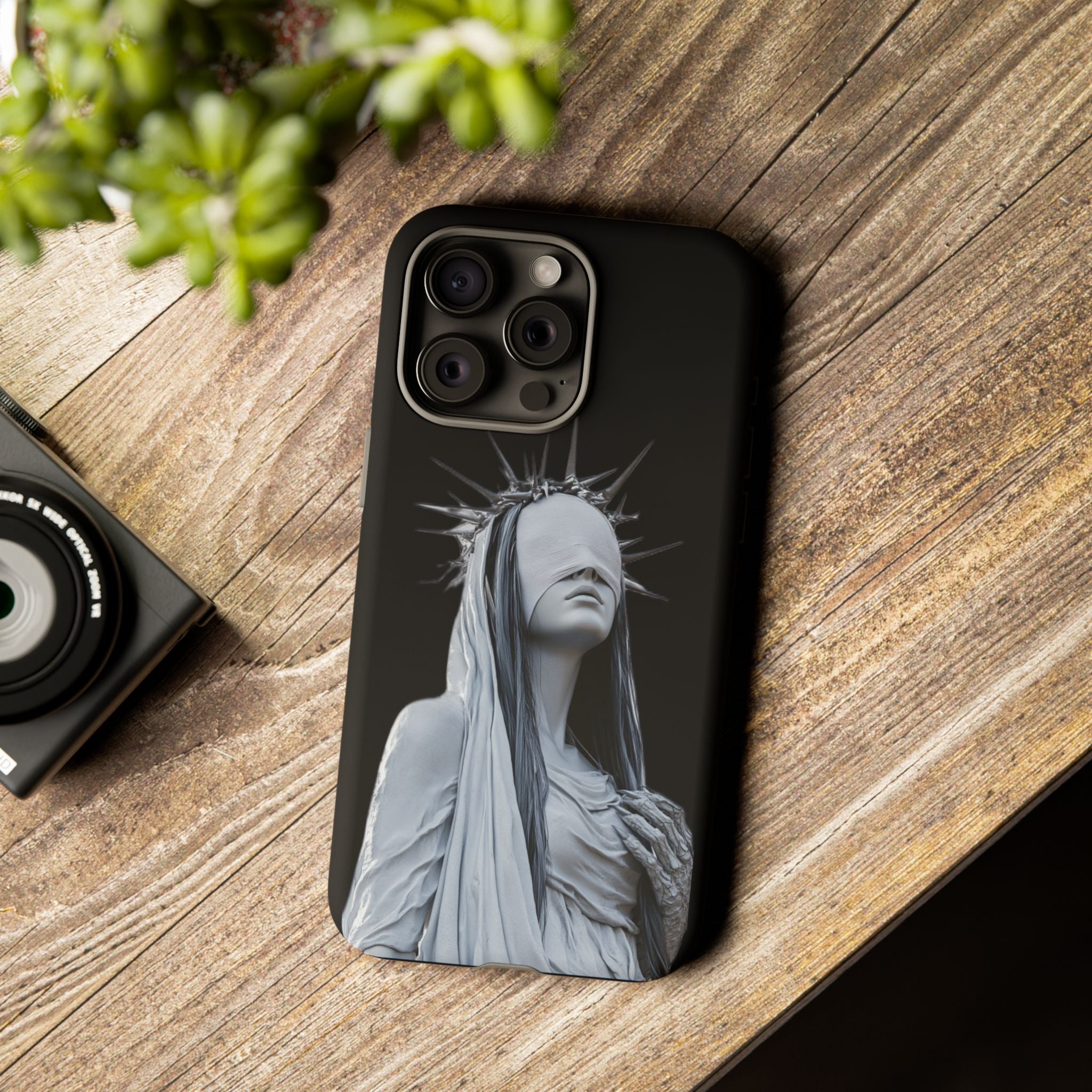 Gothic Statue Phone Case – Blindfolded Lady with Crown Protective Tough Case