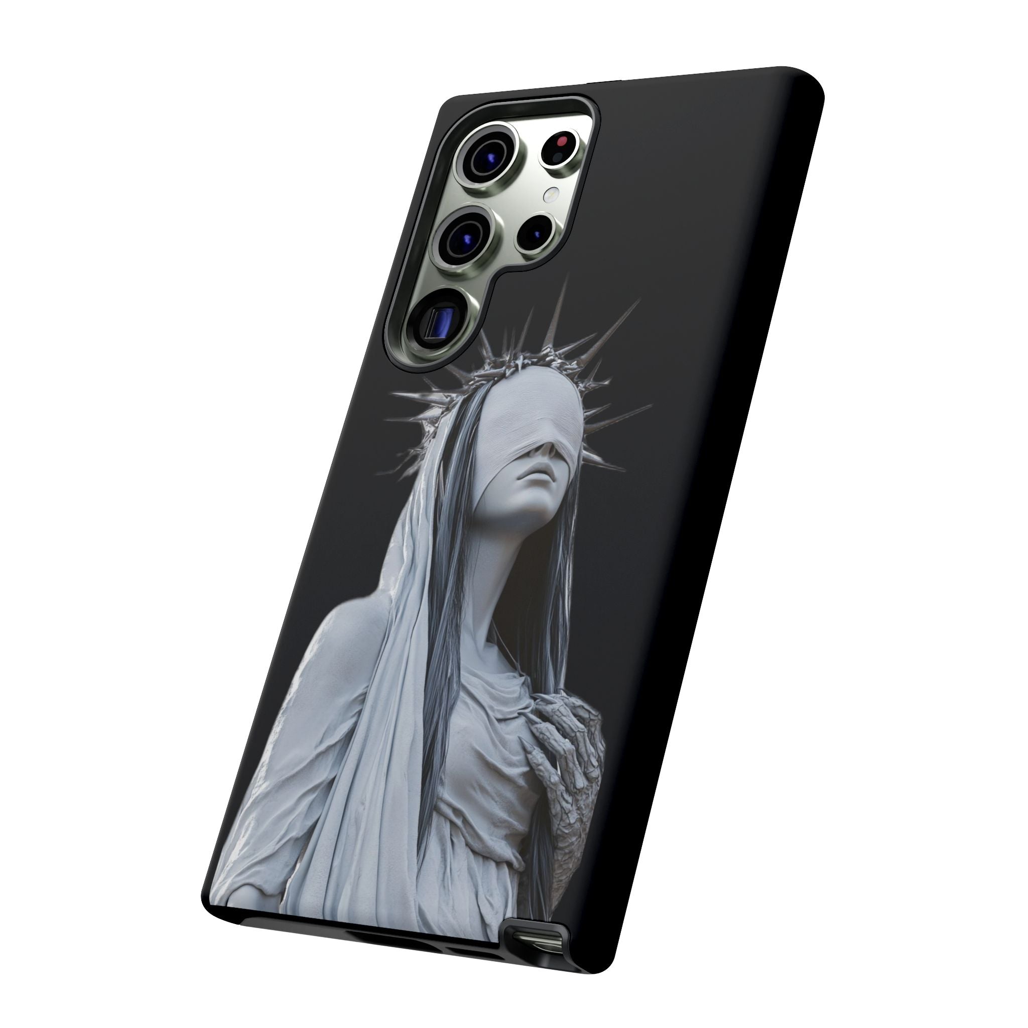 Gothic Statue Phone Case – Blindfolded Lady with Crown Protective Tough Case