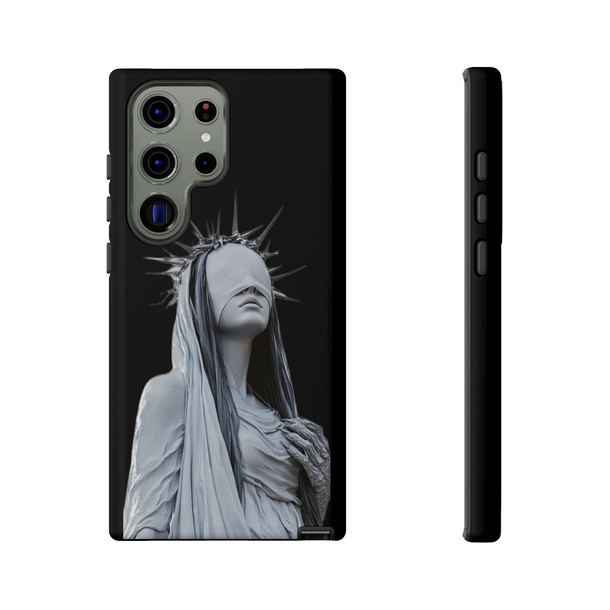 Gothic Statue Phone Case – Blindfolded Lady with Crown Protective Tough Case
