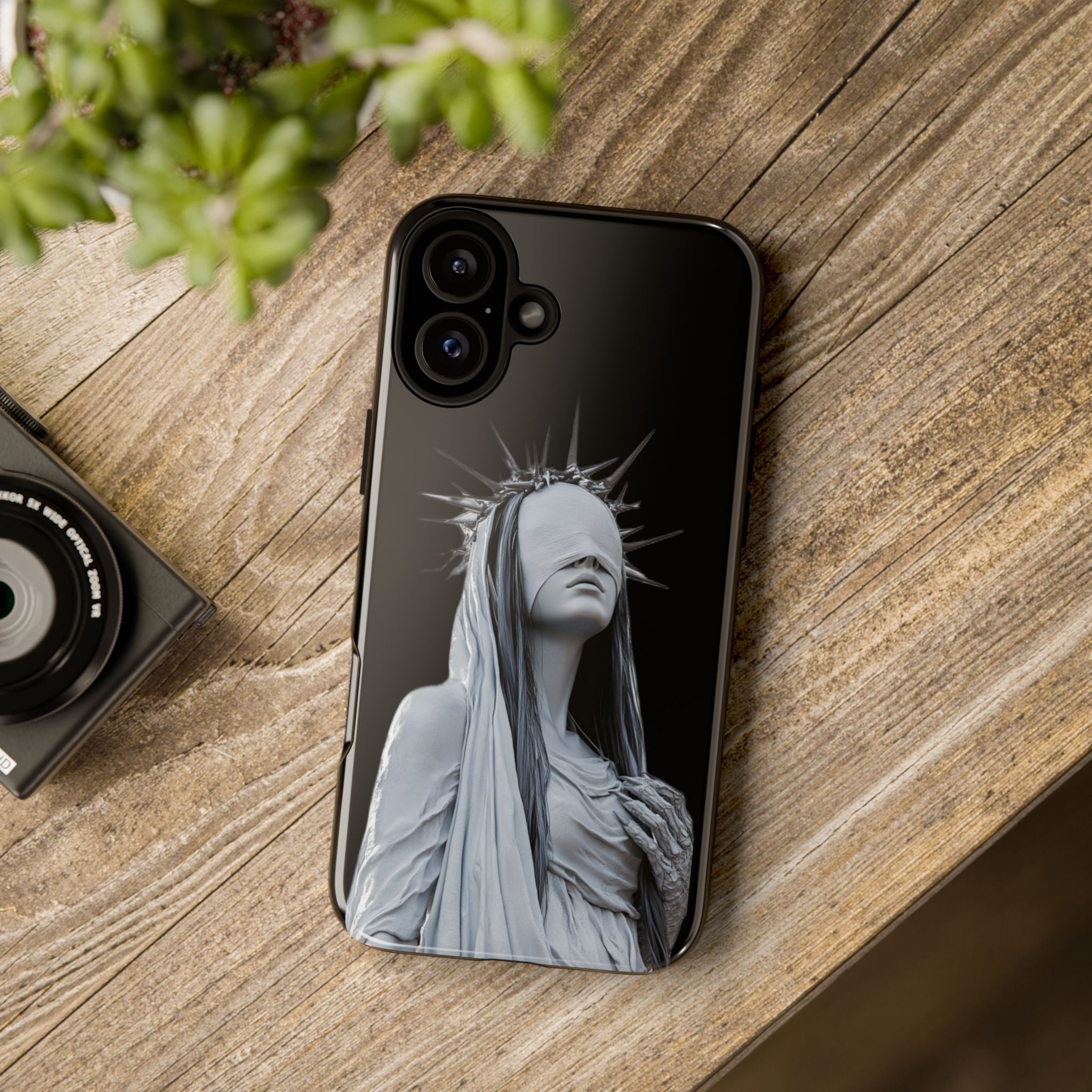 Gothic Statue Phone Case – Blindfolded Lady with Crown Protective Tough Case
