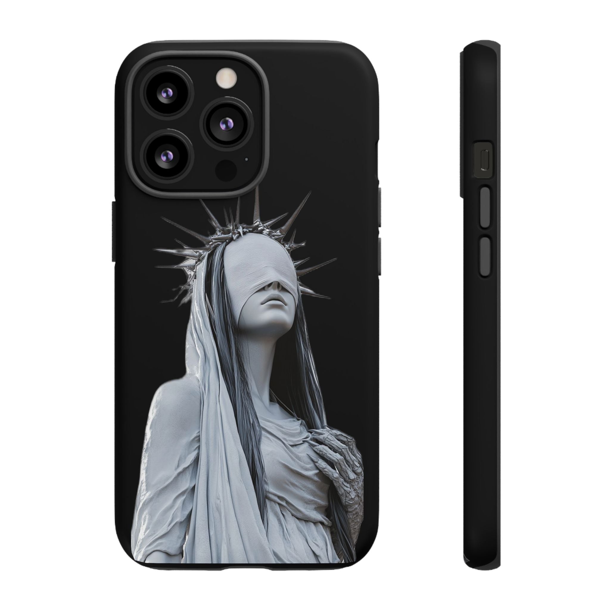 Gothic Statue Phone Case – Blindfolded Lady with Crown Protective Tough Case