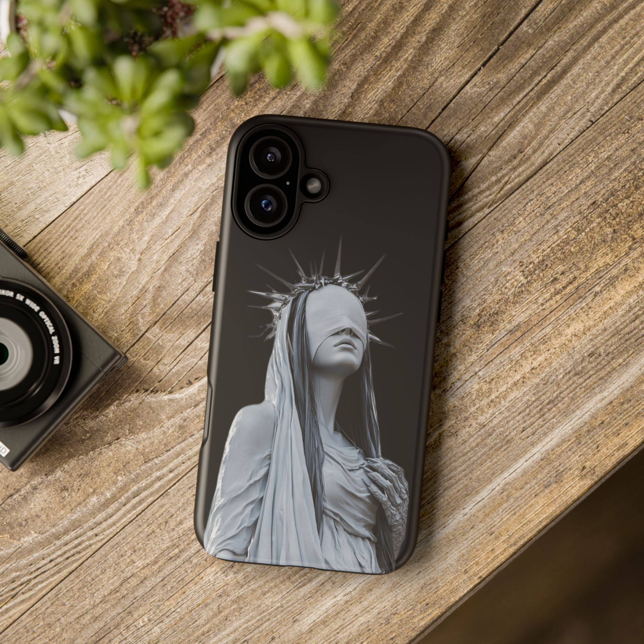 Gothic Statue Phone Case – Blindfolded Lady with Crown Protective Tough Case