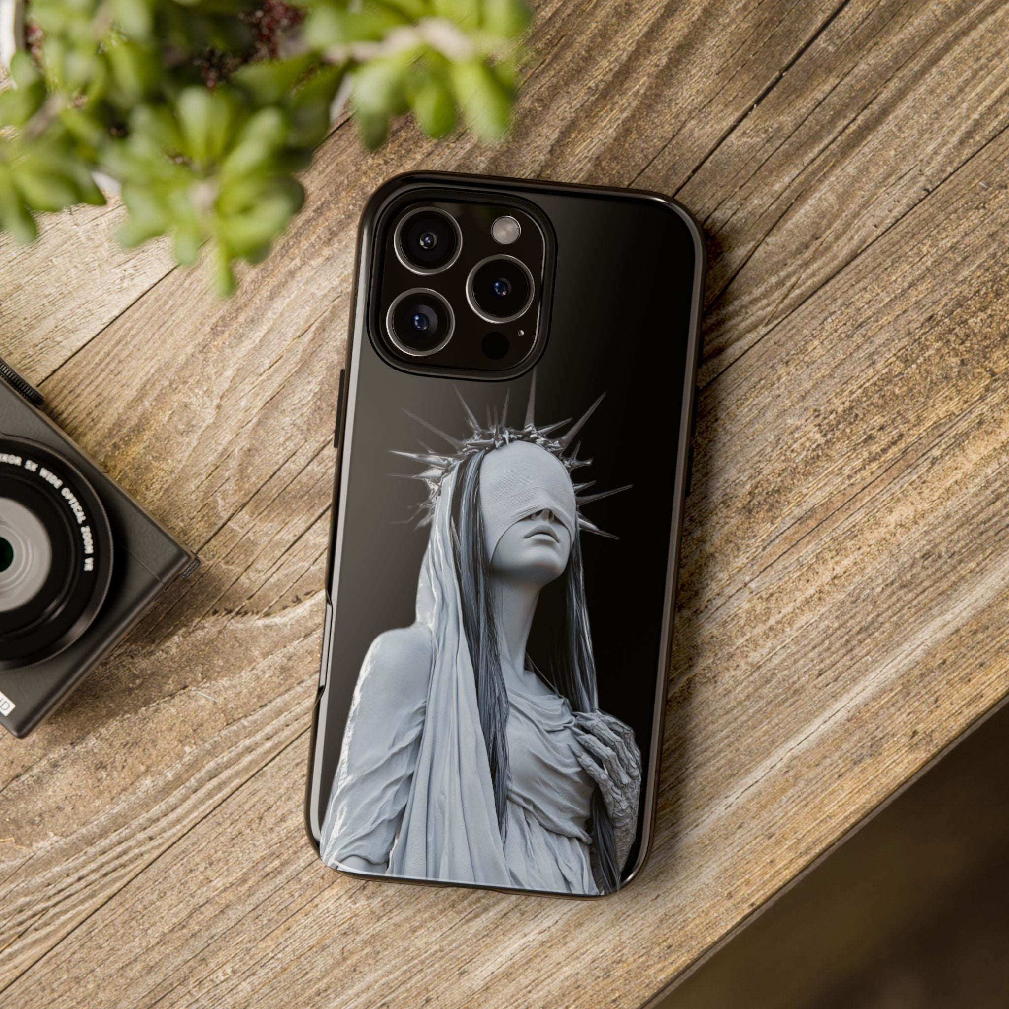 Gothic Statue Phone Case – Blindfolded Lady with Crown Protective Tough Case