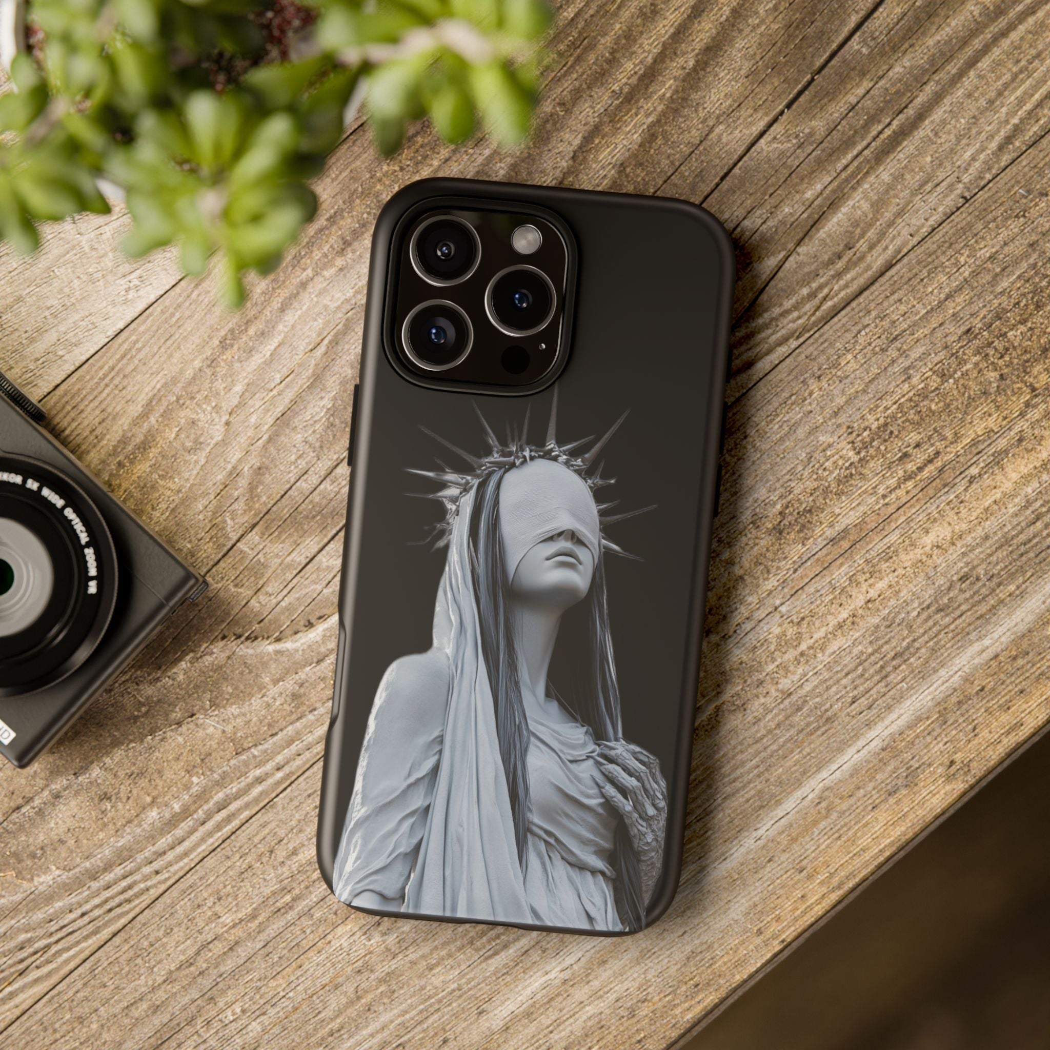 Gothic Statue Phone Case – Blindfolded Lady with Crown Protective Tough Case